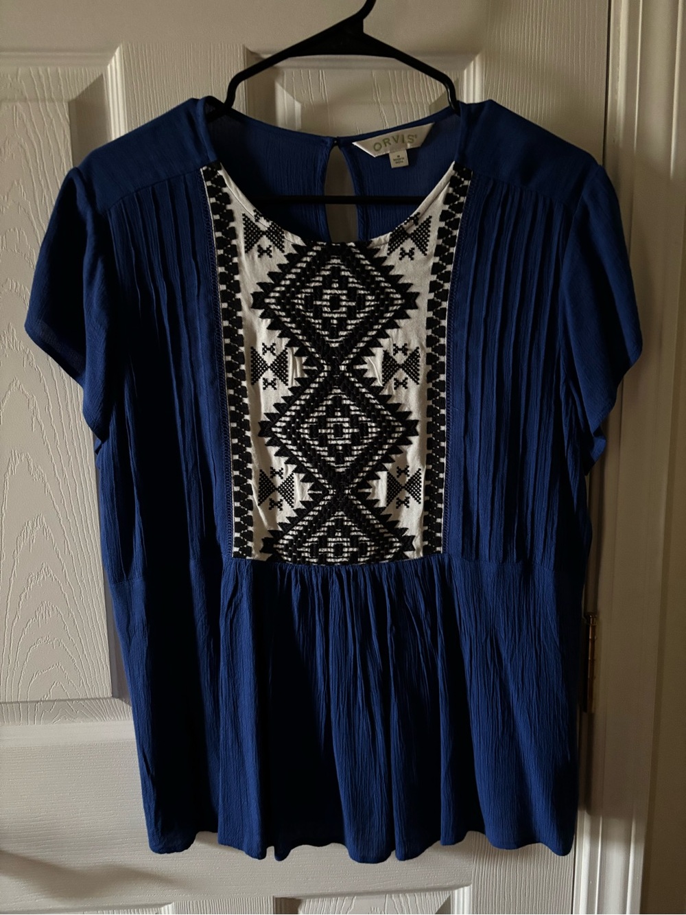 Orvis Royal Blue Short-Sleeve Tunic with Black & White Embroidery